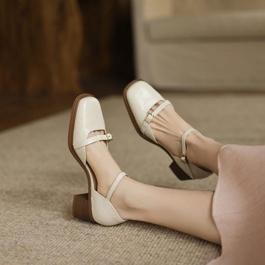 阿么手工女鞋真皮一字带玛丽珍凉鞋粗跟5CM不掉跟新款法式中跟鞋 商品图1