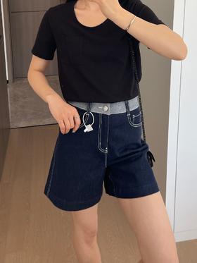 新款撞色高腰牛仔短裤女宽松显瘦百搭休闲阔腿短裤