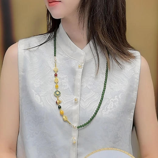 丁摩 新中式项链女长款国风旗袍配饰翡翠玉石祖母绿玉髓串珠毛衣链5ZF-1751 商品图3