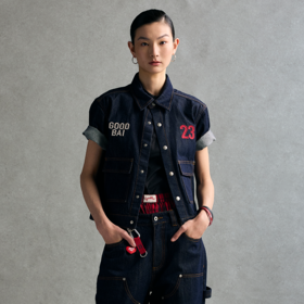 GOODBAI 粗体23 logo刺绣翻领口袋牛仔短袖外套