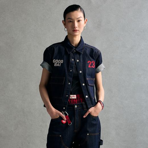 GOODBAI 粗体23 logo刺绣翻领口袋牛仔短袖外套 商品图0