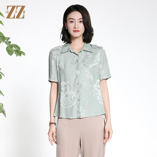 佐尔美夏季新款新中式国风时尚气质100%桑蚕丝短袖衬衣女M42CS85 商品图2