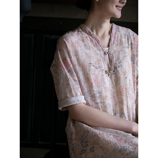 牧衣游原创 丝棉印染连衣裙夏轻薄柔软V领宽松文艺长裙 椒聊之实 商品图3