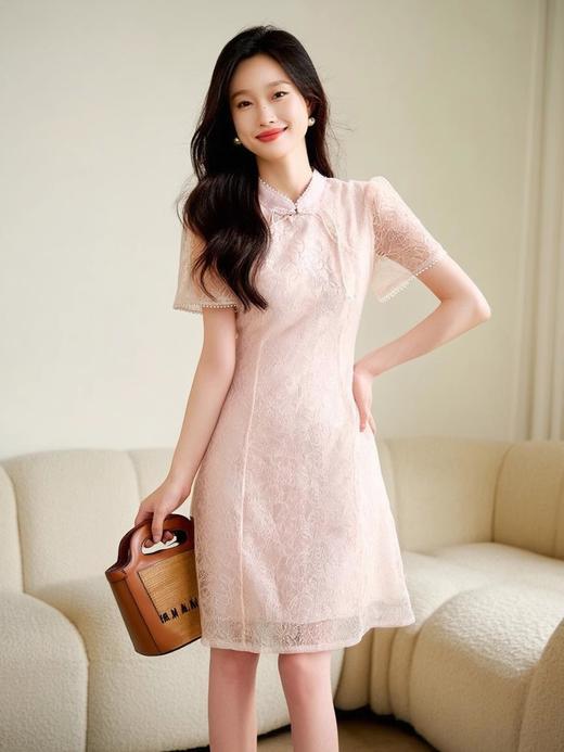 奢姿大码女装2025夏季胖妹妹时尚气质优雅复古短袖蕾丝立领连衣裙9952853316 商品图0