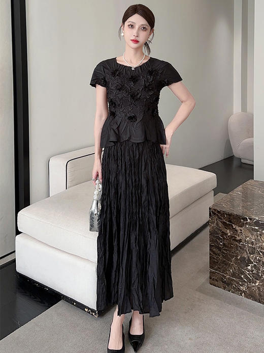 雀说小众设计感褶皱套装女手工褶绣花短袖上衣弹力T恤时尚百搭两件套AL2054 商品图8