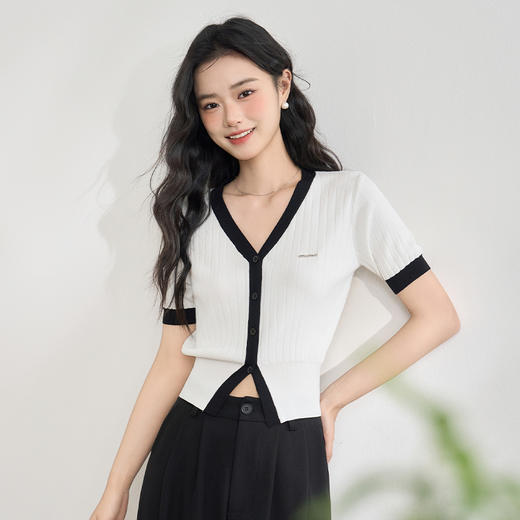 气质优雅撞色包边V领短款毛织衫女夏季软糯显瘦上衣V0050356/V0051033 商品图3