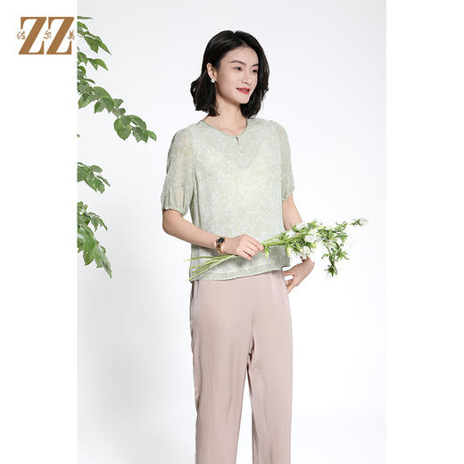 佐尔美夏季新款新中式国风时尚气质100%桑蚕丝短袖衬衣女M42CS63 商品图2