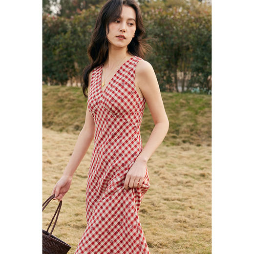 （小眠专属）HeyDress法式红色格子连衣裙女夏季小众设计感收腰显瘦背心裙子 商品图1