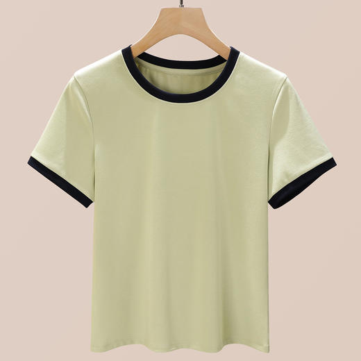 丁摩 盐系撞色拼接弹力正肩上衣新款高端灰色圆领短袖t恤女夏季5ZF-719 商品图9
