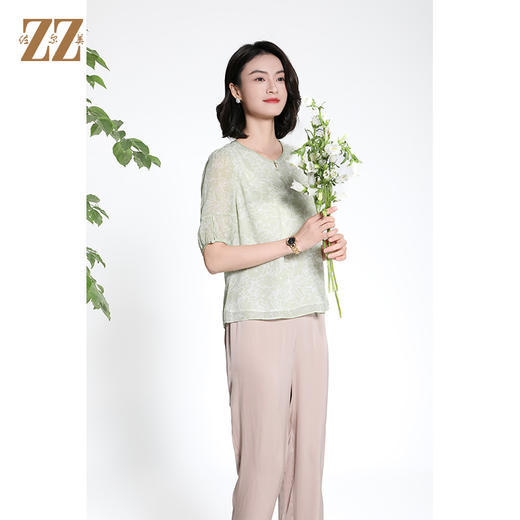 佐尔美夏季新款新中式国风时尚气质100%桑蚕丝短袖衬衣女M42CS63 商品图1