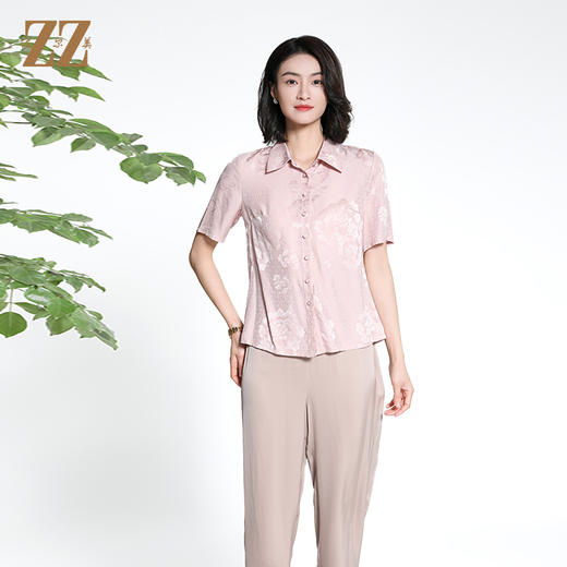 佐尔美夏季新款新中式国风时尚气质100%桑蚕丝短袖衬衣女M42CS85 商品图4