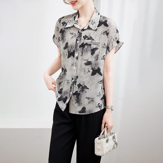 丁摩新款夏季上衣职业通勤大众设计印花真丝衬衫女桑蚕丝短袖衬衣AL120020 商品图2