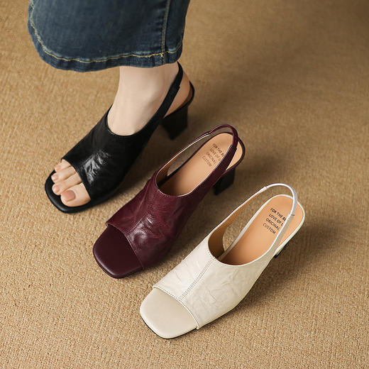 【预售5天】法式复古软羊皮方头鱼嘴凉鞋女高跟夏季新款黑色真皮罗马鞋女粗跟DS&1687 商品图1