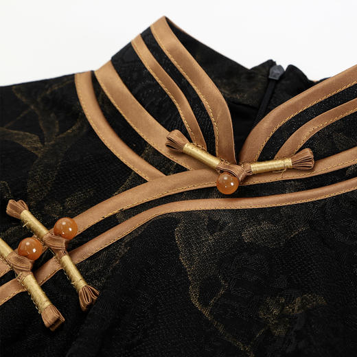 QF81925新款优雅暗花纹线条流畅撞色镶边盘扣短袖旗袍连衣裙 商品图5