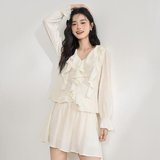 法式甜美肌理感套装女夏季荷叶边V领衬衫搭短裙两件套V0650263 商品图3