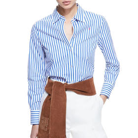 CHCH2025春夏休闲蓝色条纹时髦衬衫女上衣修身设计感通勤衬衣