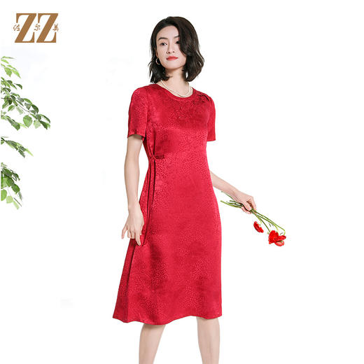 佐尔美夏季新款新中式国风时尚气质100桑蚕丝短袖连衣裙女M42LS24 商品图2