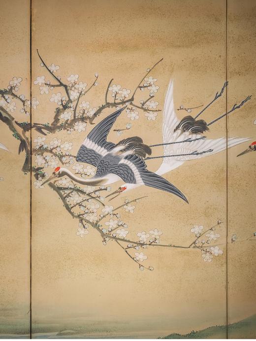 【已售】独角鹿西洋古董 19世纪日本明治时期出品「粉梅群鹤」主题纸本设色洒金六曲屏风 商品图4