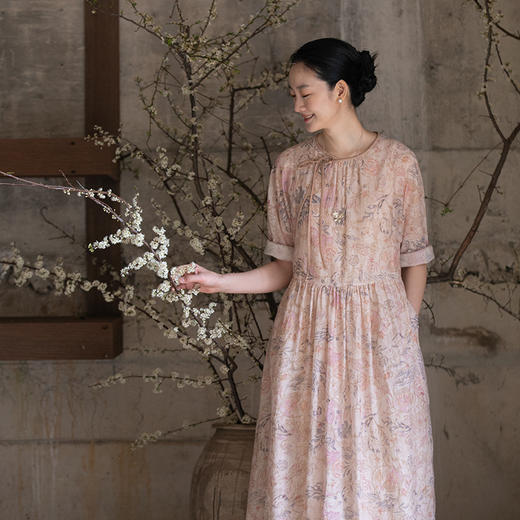 牧衣游原创 炒色丝棉印染连衣裙轻薄古雅东方文艺气质长裙 茹慮 商品图0