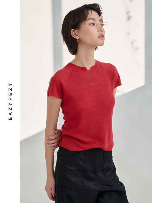 有机亚麻新中式短袖针织衫 商品图0