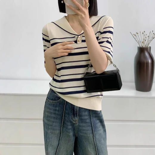 雀说天丝莱赛尔~海军领条纹针织衫女春夏休闲百搭气质宽松短袖套头衫ALSN338 商品图1