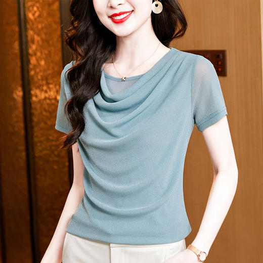 KQL E37M2586洋气修身显瘦纯色荡领网纱短袖打底小衫t恤 商品图2
