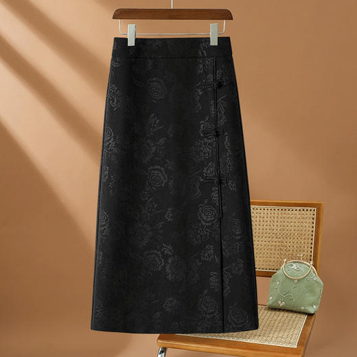 丁摩 高端黑色半身裙女春秋季新款复古国风印花直筒裙包臀a字裙子5ZF-2356 商品图6