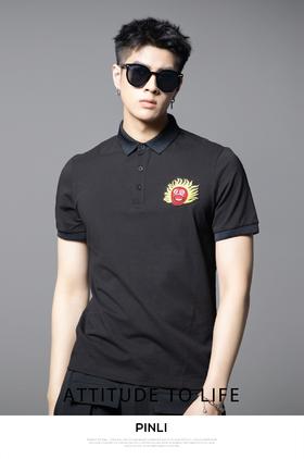 PINLI品立2025夏季新款太阳贴布绣花修身翻领短袖POLO衫男士体恤BG252112045