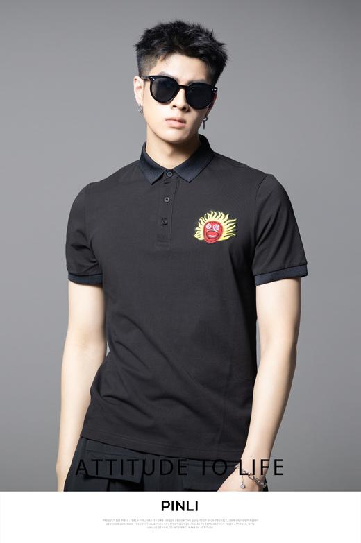 PINLI品立2025夏季新款太阳贴布绣花修身翻领短袖POLO衫男士体恤BG252112045 商品图0