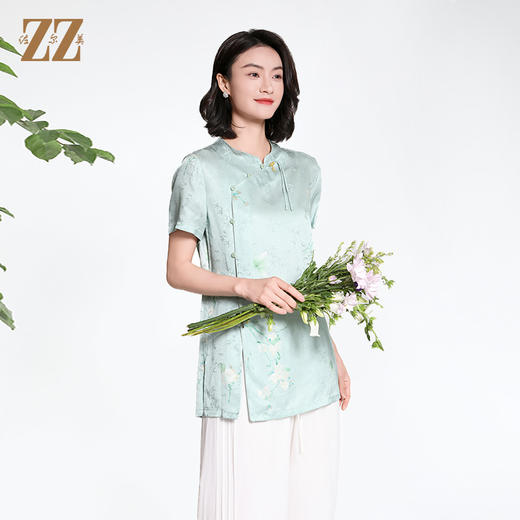 佐尔美夏季新款新中式国风时尚气质桑蚕丝短袖衬衣女M42CS94 商品图3
