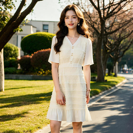 奢姿大码女装2025夏季V领时尚连衣裙胖妹妹减龄荷叶边拼接裙子9952893044 商品图2