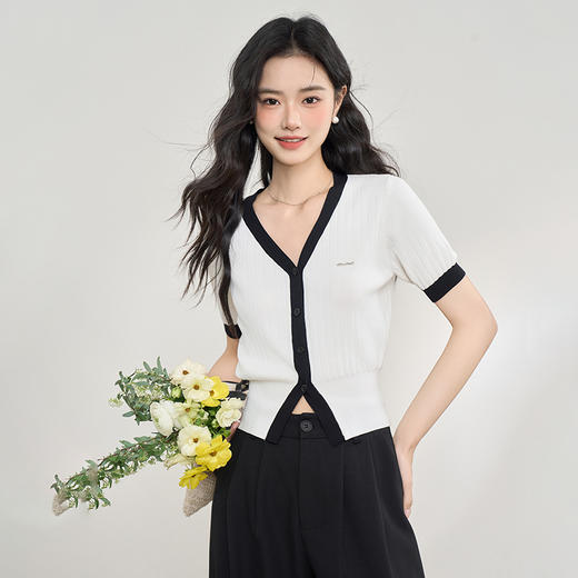 气质优雅撞色包边V领短款毛织衫女夏季软糯显瘦上衣V0050356/V0051033 商品图0