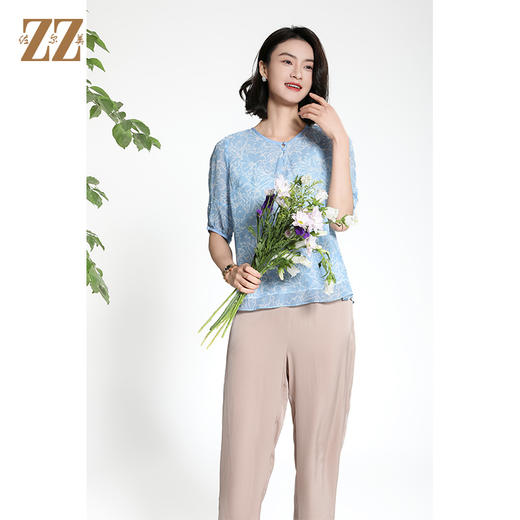 佐尔美夏季新款新中式国风时尚气质100%桑蚕丝短袖衬衣女M42CS63 商品图3