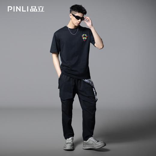 PINLI品立2025夏季新款男士潮流百搭短袖T恤贴布绣潮牌休闲体恤衫BG252111048 商品图1