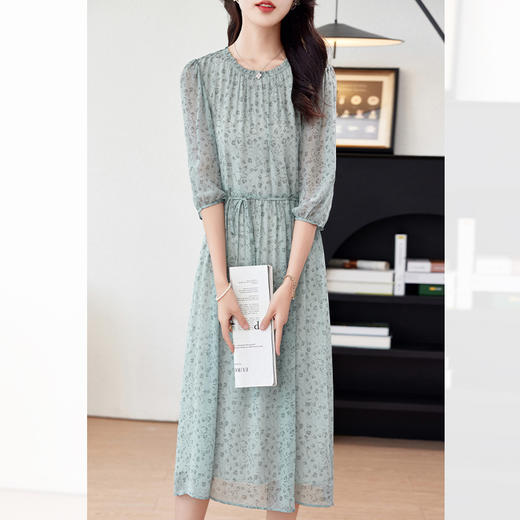 丁摩 法式碎花真丝连衣裙新款夏季圆领印花优雅飘逸桑蚕丝A字长裙5ZF-0083 商品图0
