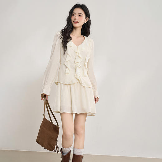 法式甜美肌理感套装女夏季荷叶边V领衬衫搭短裙两件套V0650263 商品图4