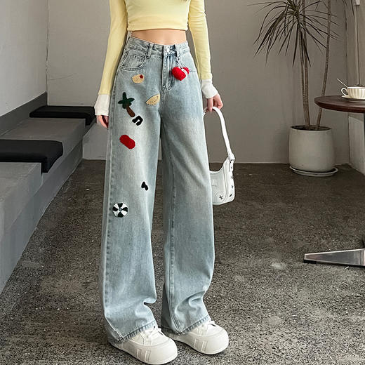 丁摩 重工刺绣牛仔裤女春秋季新款浅色休闲阔腿裤直筒拖地裤子卡通5ZF-0671 商品图0