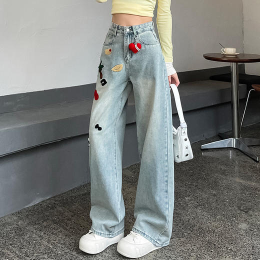 丁摩 重工刺绣牛仔裤女春秋季新款浅色休闲阔腿裤直筒拖地裤子卡通5ZF-0671 商品图3