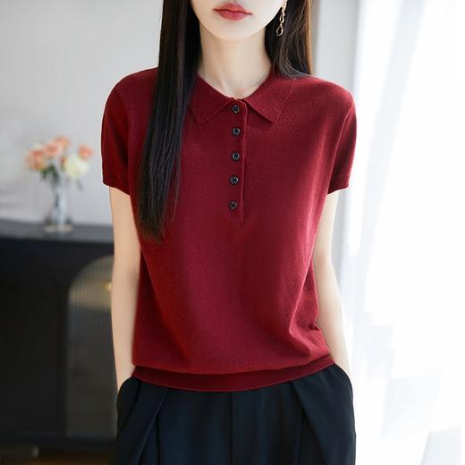 丁摩桑蚕丝羊毛半开扣POLO领短袖T恤女纯色打底翻领薄款透气气质上衣AL5029 商品图5