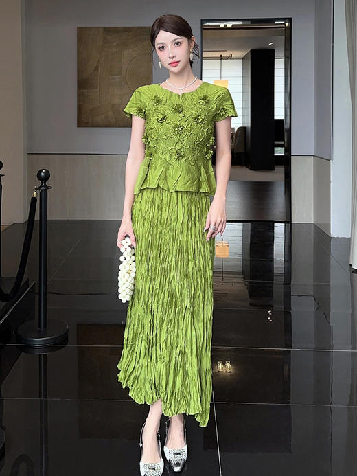 雀说小众设计感褶皱套装女手工褶绣花短袖上衣弹力T恤时尚百搭两件套AL2054 商品图9