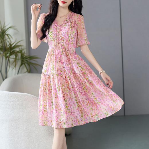 丁摩 小个子桑蚕丝粉色碎花真丝连衣裙女装夏高级感5ZF-69463 商品图1