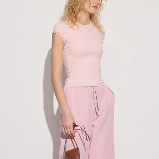 跃牌【周游世界系列】春夏新款圆领蕾丝花边短袖T恤修身打底运动短款健身服TP0791/TP0881 商品图3