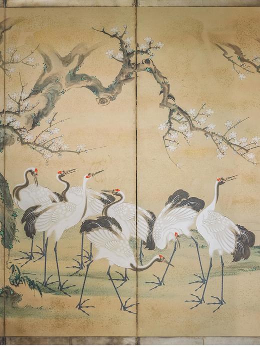【已售】独角鹿西洋古董 19世纪日本明治时期出品「粉梅群鹤」主题纸本设色洒金六曲屏风 商品图3