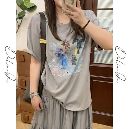 2025新品  佳佳同款【日落海滩】彩色图案休闲圆领T恤+质感松紧腰半身裙显瘦 商品图1