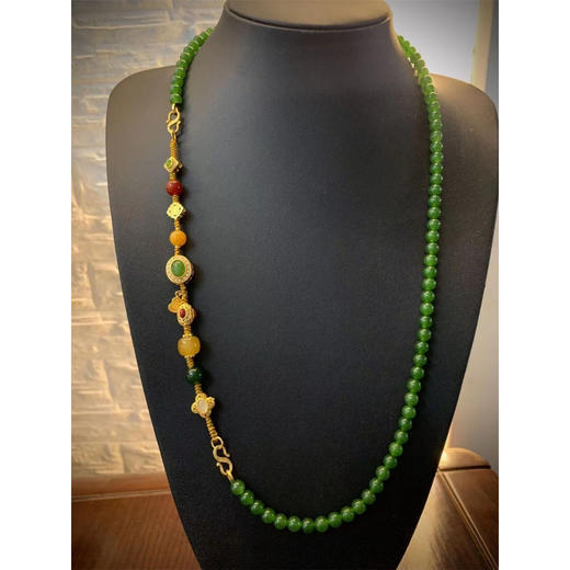 丁摩 新中式项链女长款国风旗袍配饰翡翠玉石祖母绿玉髓串珠毛衣链5ZF-1751 商品图7