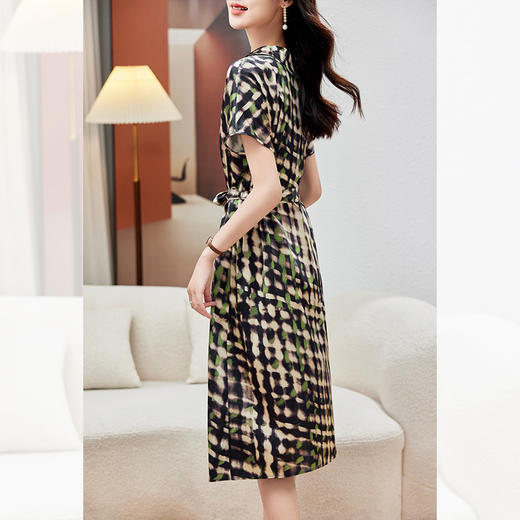 丁摩 重磅真丝连衣裙女中长款夏装新款印花系带修身桑蚕丝衬衫裙5ZF- 0153S 商品图3