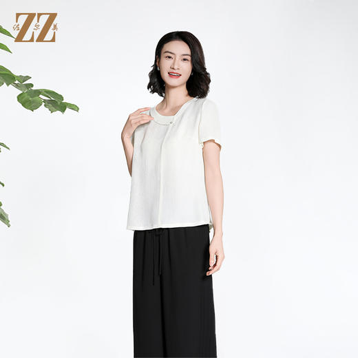 佐尔美夏季新款新中式国风时尚气质桑蚕丝短袖衬衣女M42CS99 商品图1