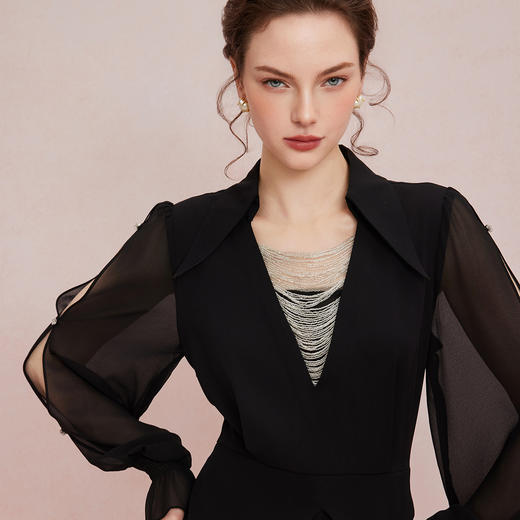 QF83225新款OL高级精致假两件设计领口流苏钉珠修身放摆显高显瘦连衣裙 商品图4