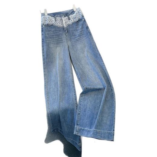 丁摩 蕾丝阔腿牛仔裤女春秋季新款高腰显瘦拖地裤垂感浅色直筒裤子5ZF-8073 商品图4