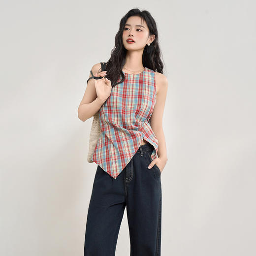 【复古多巴胺】不规则设计感彩色格子衬衣女夏季背心上衣V1050592 商品图3
